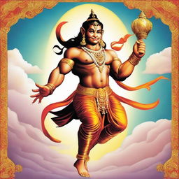 An illustrative depiction of Shree Hanuman Ji, showing his strong and revered form, wielding a mace in one hand and flying through the sky