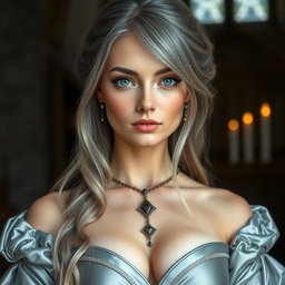 A busty beautiful slender European elegant cleric, featuring very big tender round breasts and long soft layers of ash grey hair
