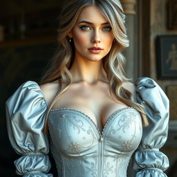 A busty beautiful slender European elegant cleric, featuring very big tender round breasts and long soft layers of ash grey hair