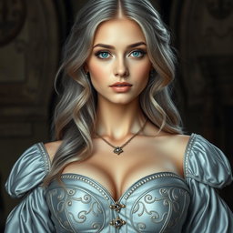 A busty beautiful slender European elegant cleric, featuring very big tender round breasts and long soft layers of ash grey hair