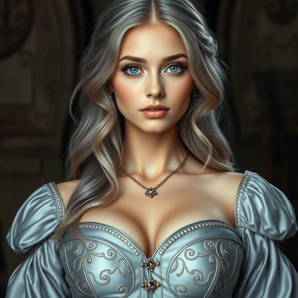 A busty beautiful slender European elegant cleric, featuring very big tender round breasts and long soft layers of ash grey hair