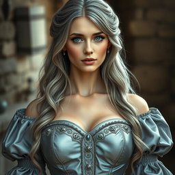 A beautiful slender European cleric with an elegant appearance, featuring very big, tender, round breasts