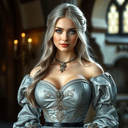 A beautiful slender European cleric with an elegant appearance, featuring very big, tender, round breasts