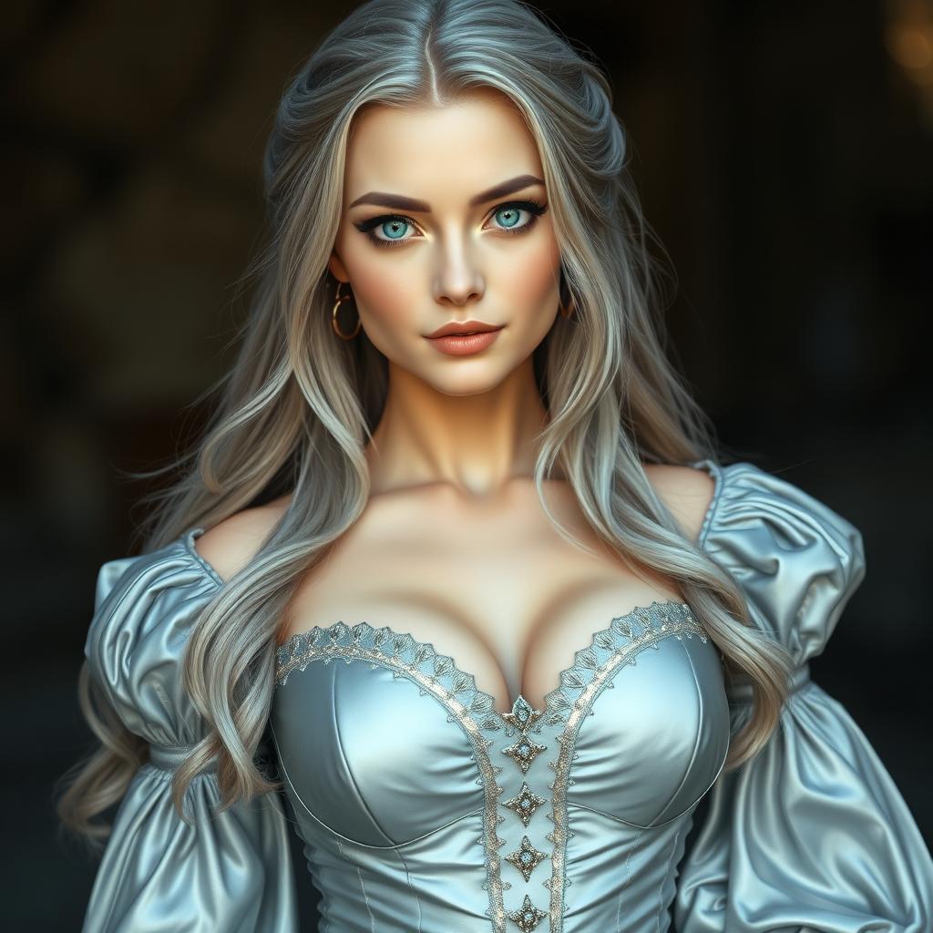 A beautiful slender European cleric with an elegant appearance, featuring very big, tender, round breasts