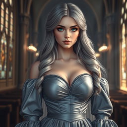 A busty, beautiful, elegant cleric girl with very big tender round breasts, long soft layers of ash grey hair cascading down her shoulders, and bright turquoise eyes that sparkle with warmth