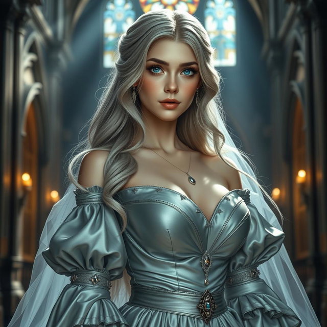A busty, beautiful, elegant cleric girl with very big tender round breasts, long soft layers of ash grey hair cascading down her shoulders, and bright turquoise eyes that sparkle with warmth