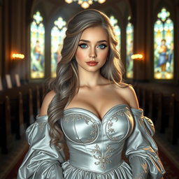 A busty, beautiful, elegant cleric girl with very big tender round breasts, long soft layers of ash grey hair cascading down her shoulders, and bright turquoise eyes that sparkle with warmth