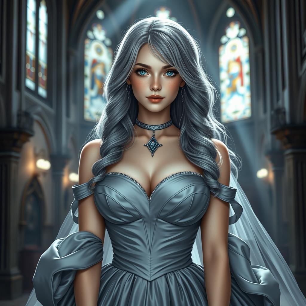 A busty, beautiful, elegant cleric girl with very big tender round breasts, long soft layers of ash grey hair cascading down her shoulders, and bright turquoise eyes that sparkle with warmth