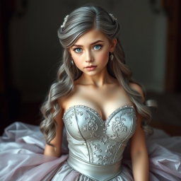 A busty, beautiful girl with very big, tender round breasts, long soft layers of ash grey hair cascading down her back