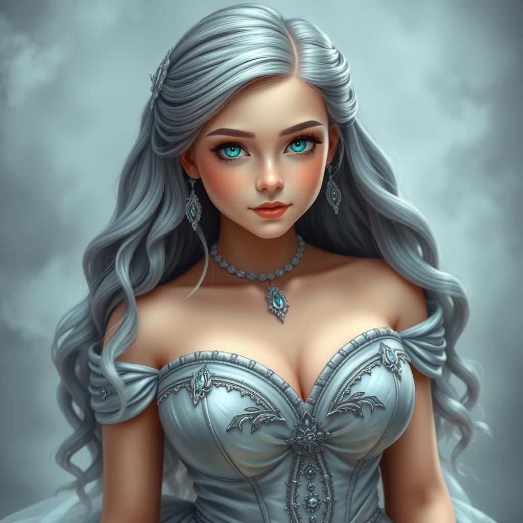 A busty, beautiful girl with very big, tender round breasts, long soft layers of ash grey hair cascading down her back