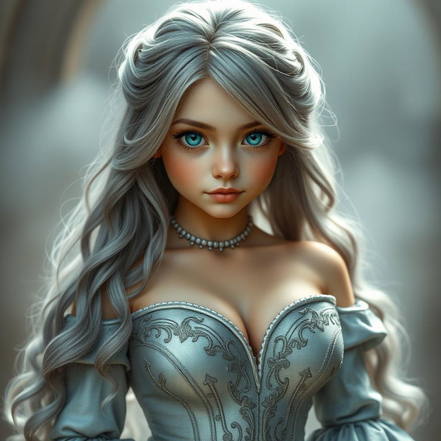 A busty, beautiful girl with very big, tender round breasts, long soft layers of ash grey hair cascading down her back