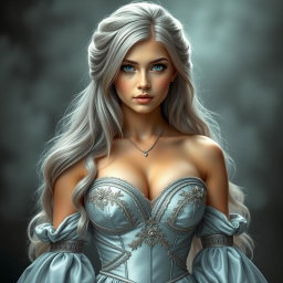A busty, beautiful girl with very big, tender round breasts, long soft layers of ash grey hair cascading down her back