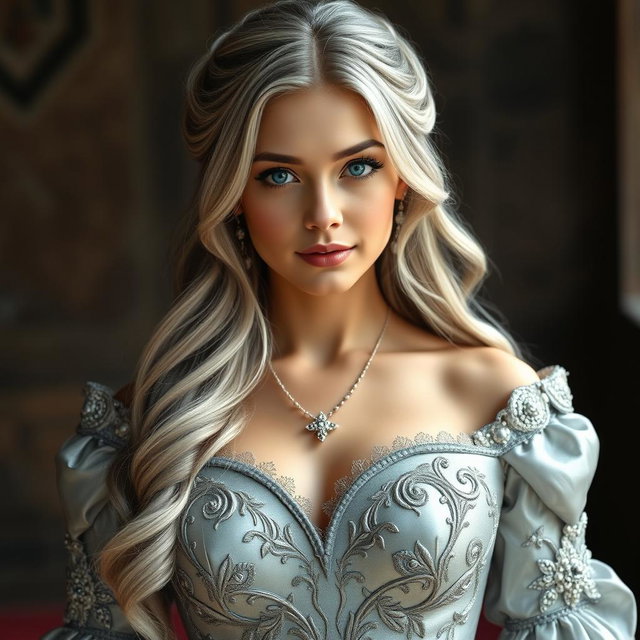 A stunning elegant young woman with very big tender round breasts, featuring long soft layers of ash grey hair cascading down her shoulders