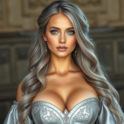 A stunning elegant young woman with very big tender round breasts, featuring long soft layers of ash grey hair cascading down her shoulders
