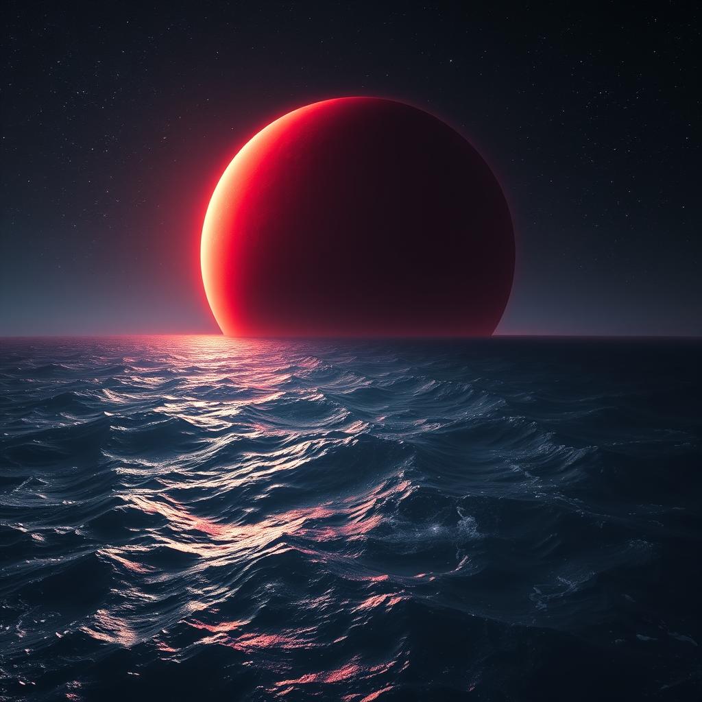 A stunning view of a crimson red planet majestically floating in orbit over a dark, tumultuous ocean
