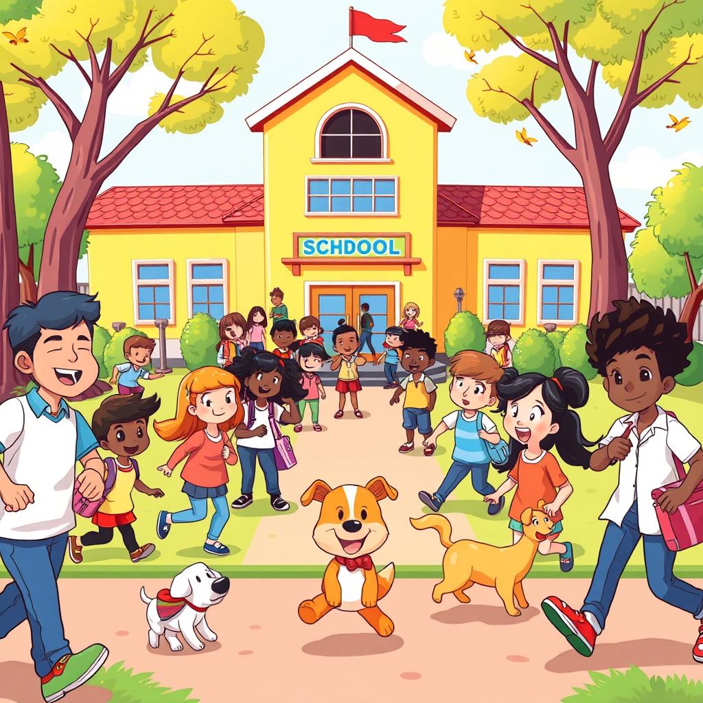 A vibrant and colorful cartoon-style illustration of a lively school environment, featuring a diverse group of animated characters representing students from various backgrounds engaging in fun activities