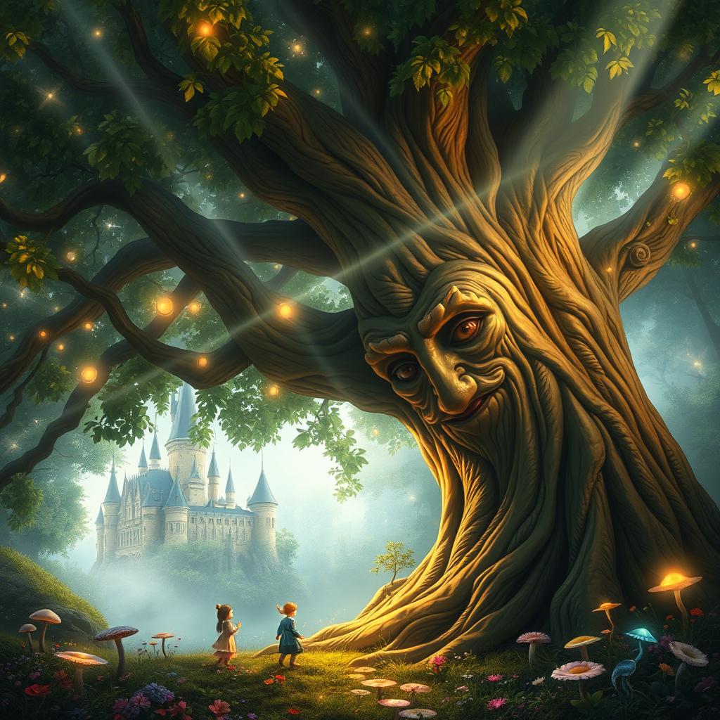 A mystical fantasy scene featuring a large, ancient talking tree with a wise, expressive face carved into its bark