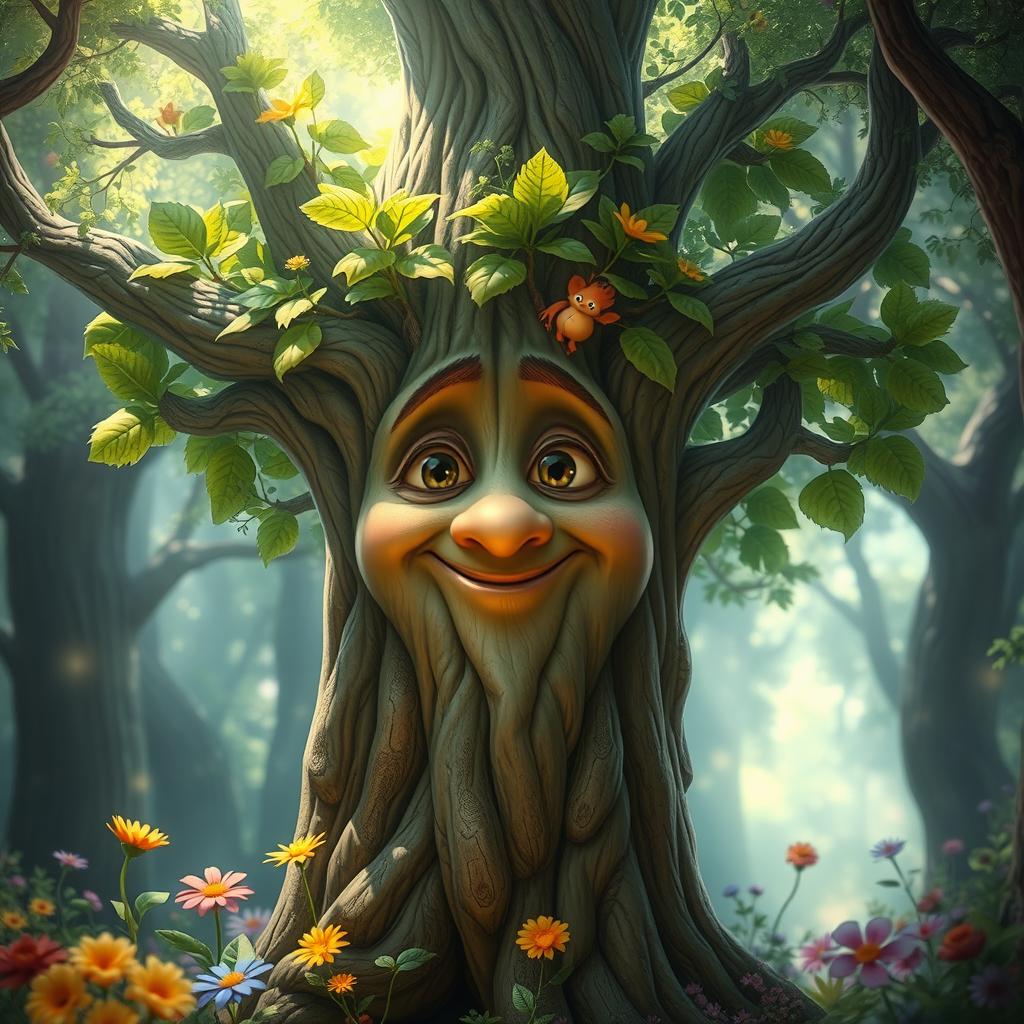 A fantasy scene featuring a talking tree with a friendly and nice face, detailed bark texture, and vibrant green leaves