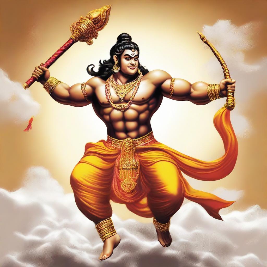 An illustrative depiction of Shree Hanuman Ji, showing his strong and revered form, wielding a mace in one hand and flying through the sky