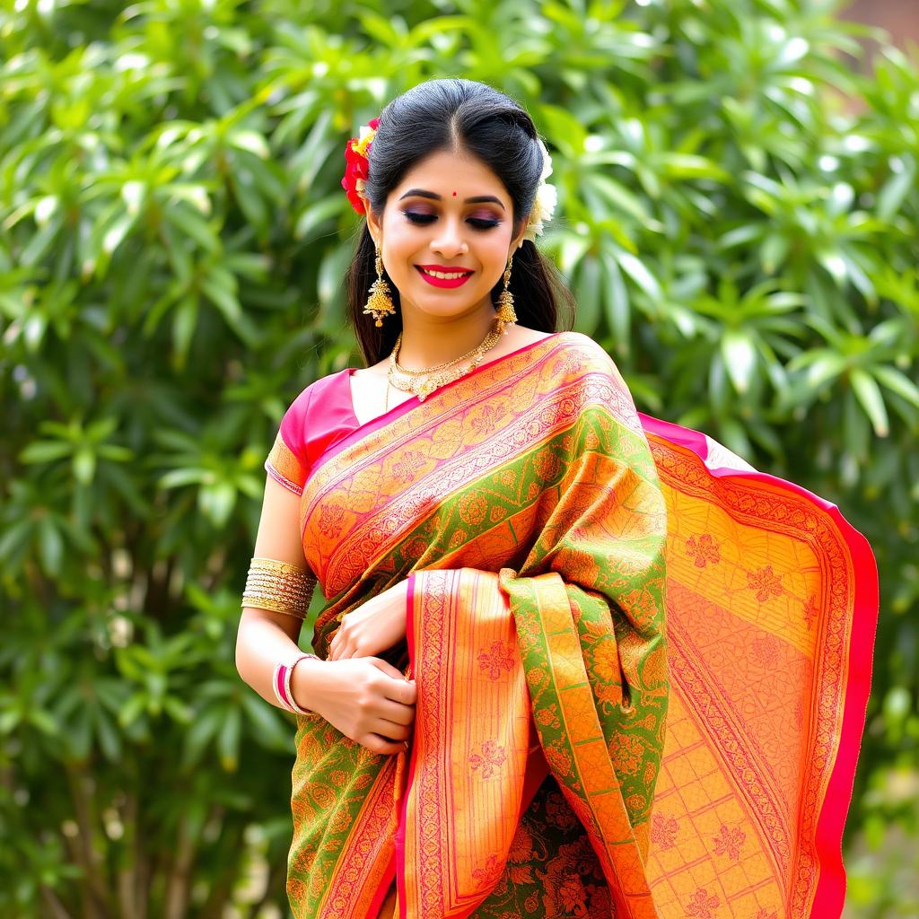 A stunning Indian woman elegantly draped in a vibrant saree, showcasing intricate traditional patterns and rich colors