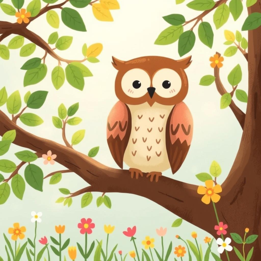 A whimsical owl perched on a tree branch during springtime, surrounded by fresh green leaves and colorful flowers