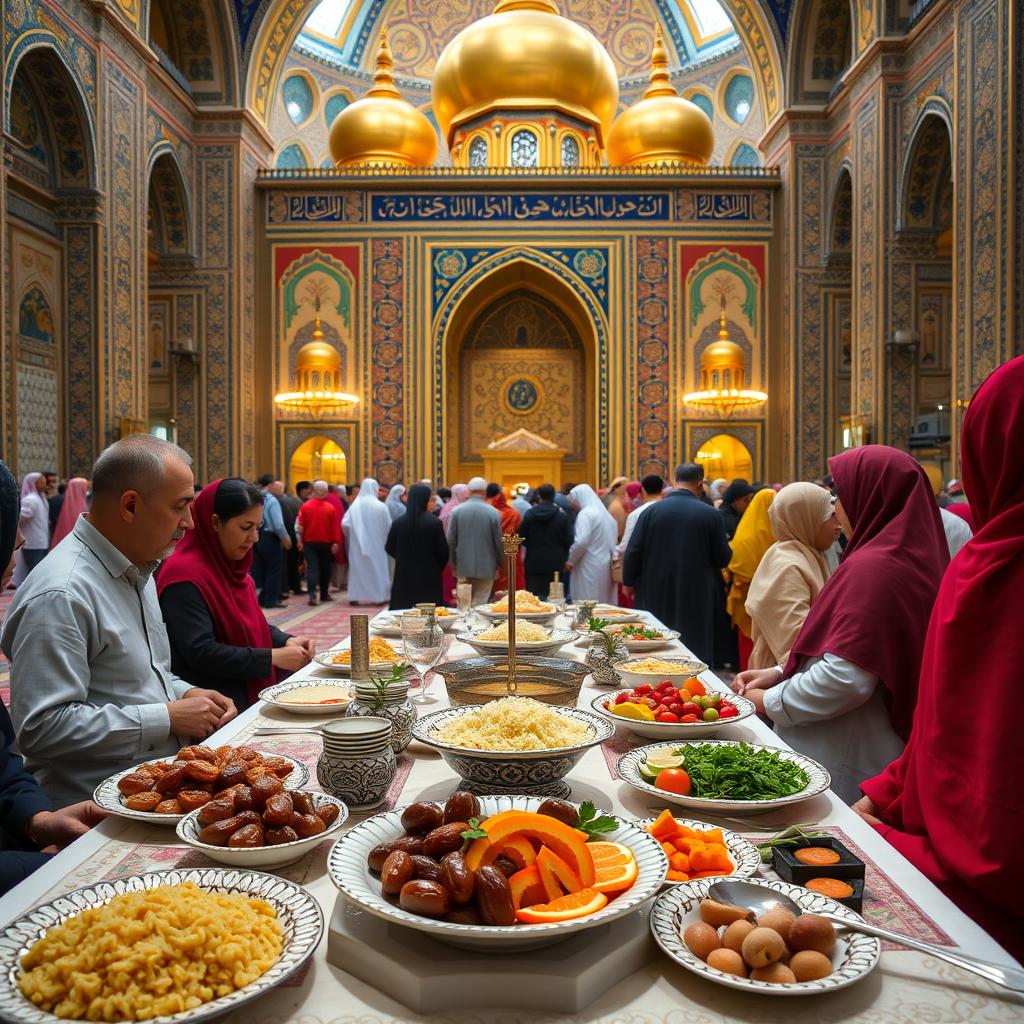 A beautifully set Iftar table in the Imam Reza shrine, adorned with traditional Persian dishes such as dates, saffron rice, fresh fruits, and aromatic herbs