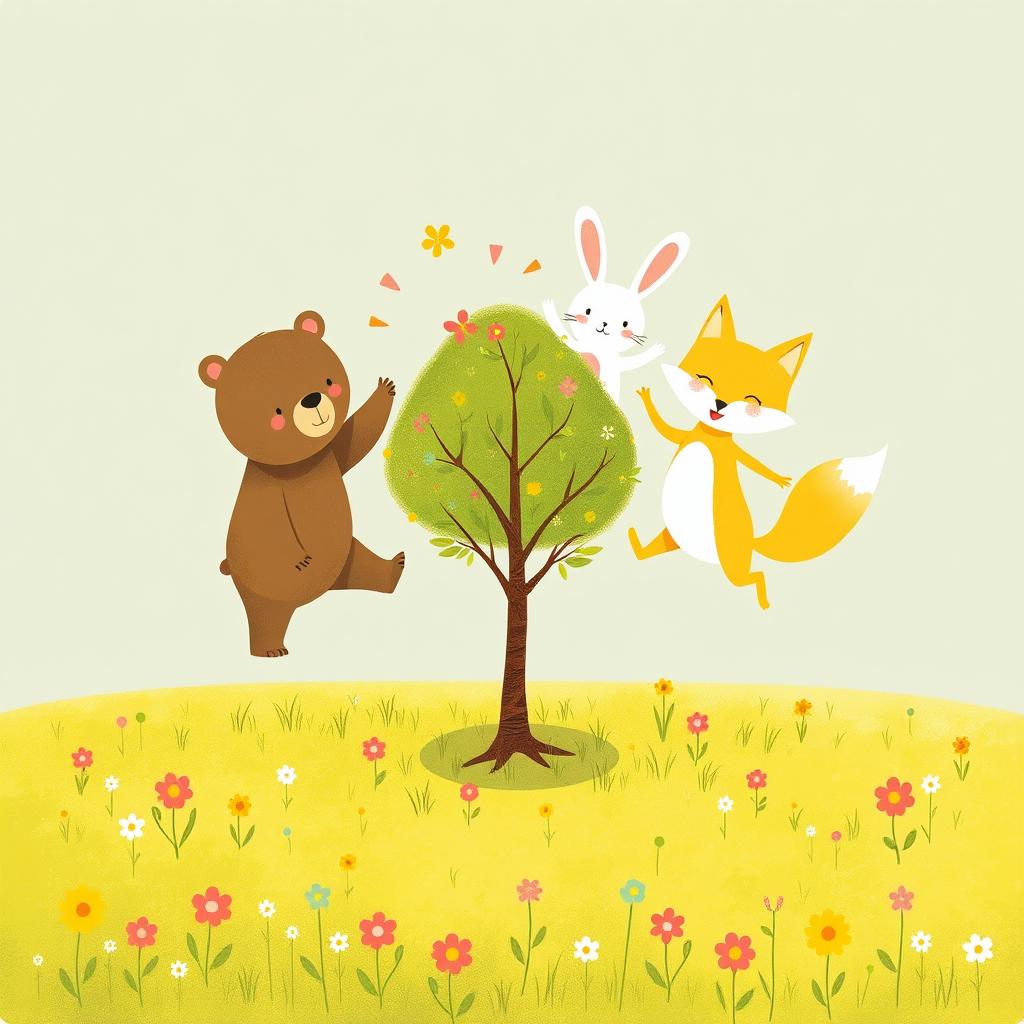 A charming scene in spring where a cute brown bear, an adorable white rabbit, and a delightful yellow fox are joyfully jumping around a small tree on a grassy field