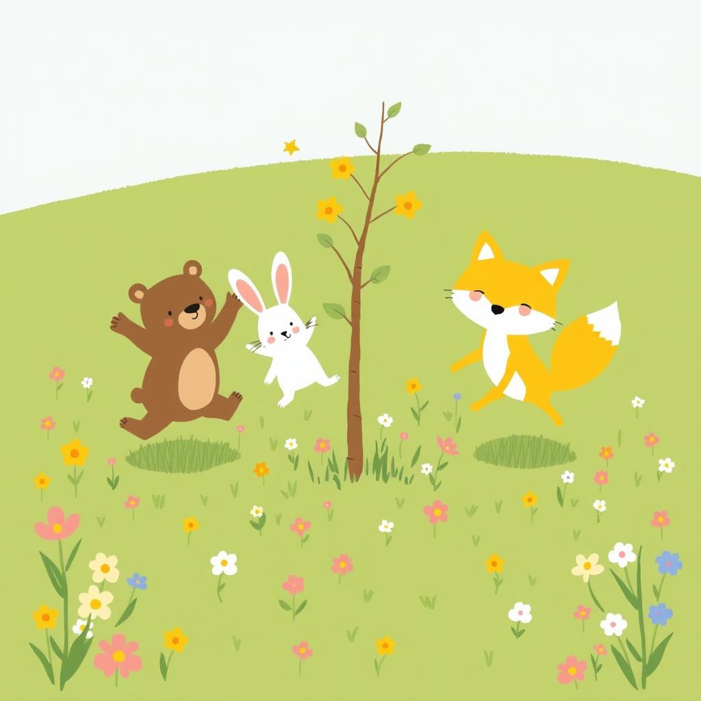 A delightful spring scene on a grassy field where a cute brown bear, an adorable white rabbit, and a charming yellow fox are joyfully jumping around a small sapling