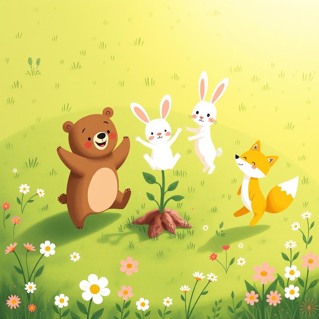 A delightful spring scene on a grassy field where a cute brown bear, an adorable white rabbit, and a charming yellow fox are joyfully jumping around a small tree sprout