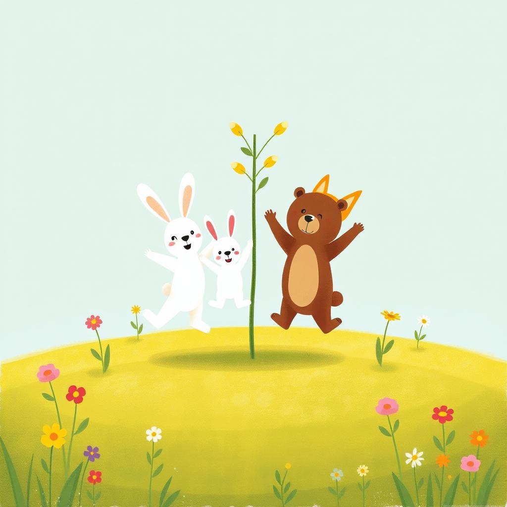 A cheerful spring scene set on a grassy field where a cute brown bear, an adorable white rabbit, and a charming yellow fox are happily jumping around a small tree sprout