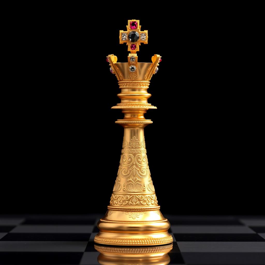 A beautifully designed gold chess king piece, exquisitely detailed with intricate engravings and a polished finish, reflecting light in a luxurious way