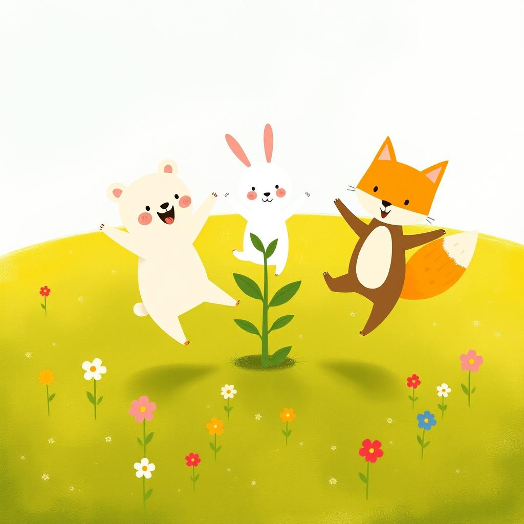 A joyful spring scene occurring on a grassy field, featuring a cute brown bear, an adorable white rabbit, and a charming yellow fox happily jumping around a small tree sprout