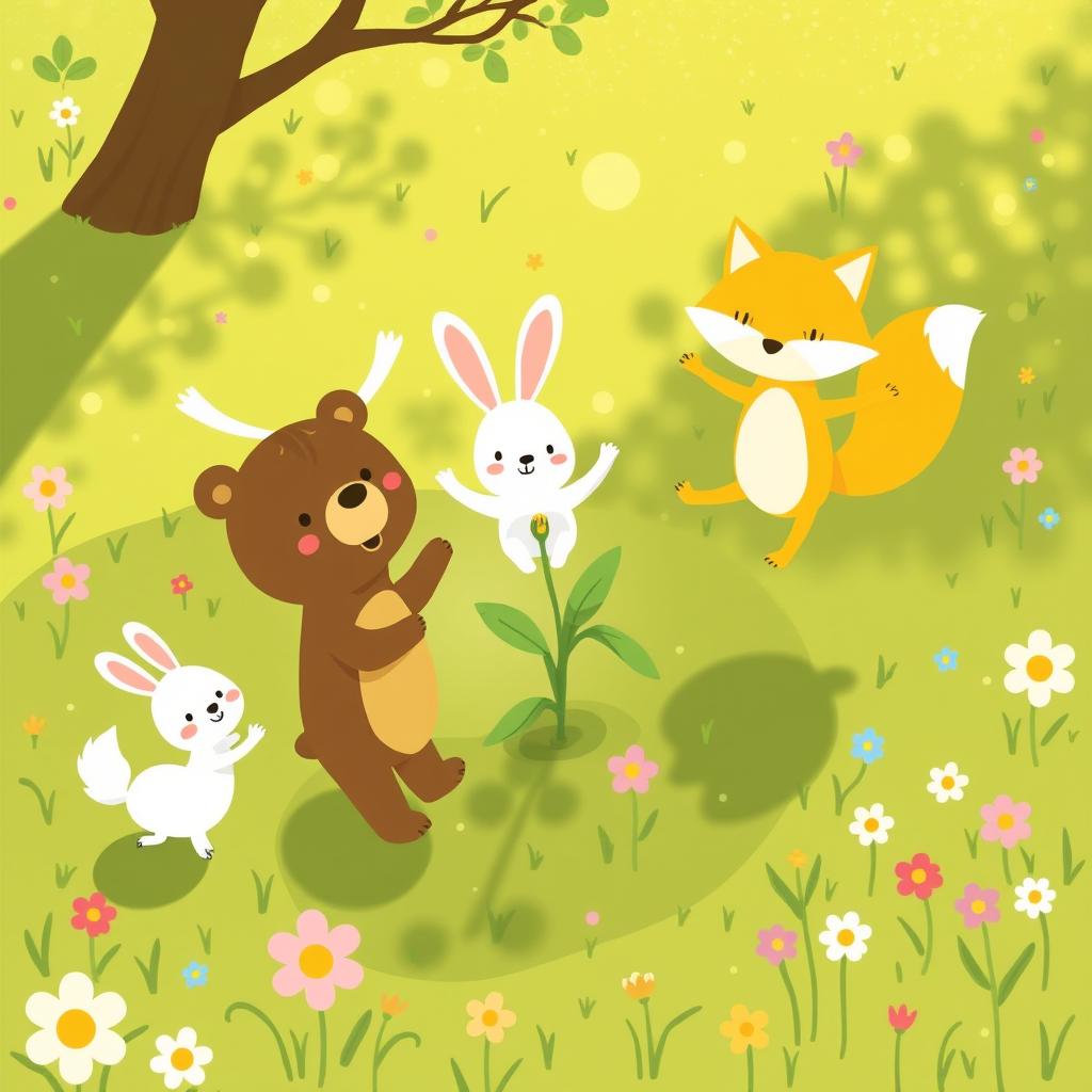 A cheerful spring scene on a grassy field where a cute brown bear, an adorable white rabbit, and a charming yellow fox are happily jumping around a freshly sprouted little芽儿