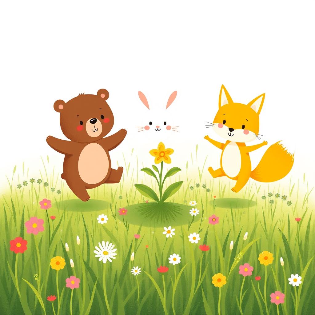 A delightful spring scene on a grassy field where a cute brown bear, a sweet white rabbit, and an adorable yellow fox are joyfully jumping around a freshly sprouted little芽儿