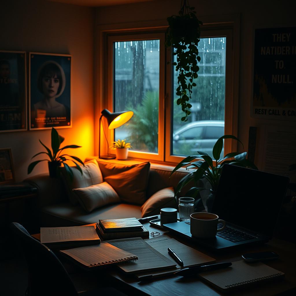 A cozy and atmospheric lo-fi music scene, featuring a dimly lit room with warm ambient lighting