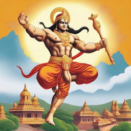 An illustrative depiction of Shree Hanuman Ji, showing his strong and revered form, wielding a mace in one hand and flying through the sky