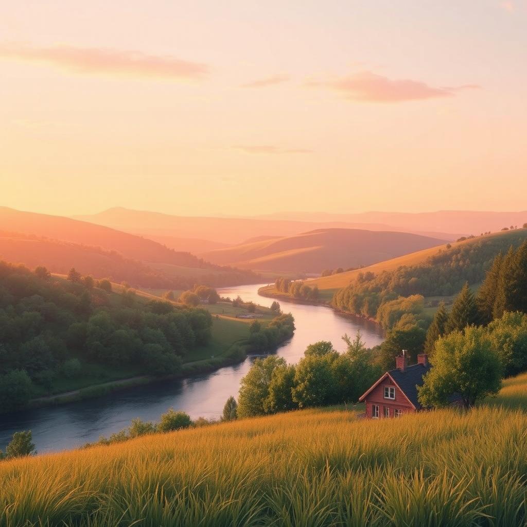 A serene lofi landscape scene featuring a peaceful sunset over rolling hills, a winding river reflecting the warm golden light, and a cozy cottage in the foreground surrounded by lush green trees