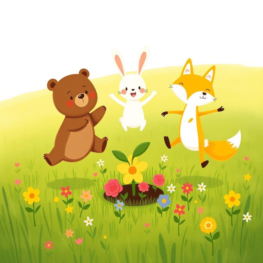 A delightful spring scene on a grassy field where a cute brown bear, an adorable white rabbit, and a charming yellow fox are joyfully jumping around a freshly sprouted little芽儿
