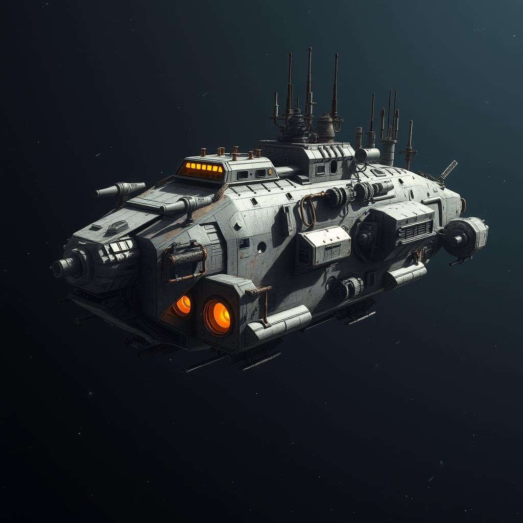 A space hauler floating in deep space, inspired by classic sci-fi series like Firefly and Battlestar Galactica