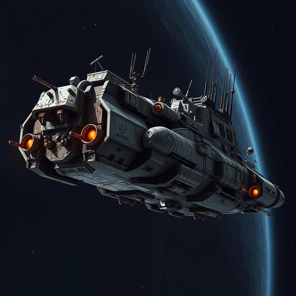 A space cruiser floating in deep space, inspired by classic sci-fi series like Firefly and Battlestar Galactica