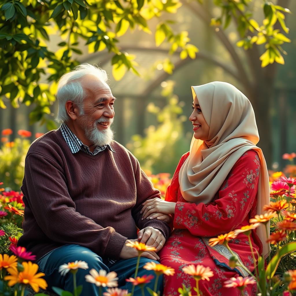 A romantic scene depicting an elderly man and a young woman wearing a hijab, sitting together in a beautiful garden filled with colorful flowers