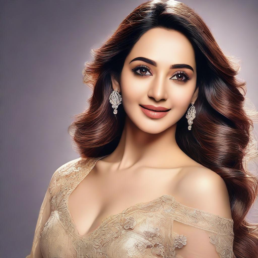 A detailed and realistic portrait of actress Kiara Advani. Show her clear and radiant complexion, lively eyes, and charming smile in the style of a high-quality photo.