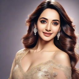 A detailed and realistic portrait of actress Kiara Advani. Show her clear and radiant complexion, lively eyes, and charming smile in the style of a high-quality photo.