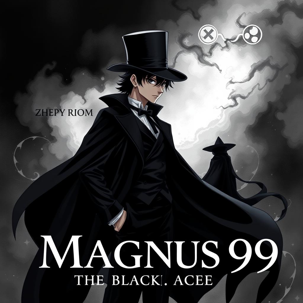 An anime-style book cover for the novel "Magnus The Black Ace 99", reflecting the genres inspired by Arsène Lupin and Magic Kaito