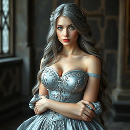 A busty, beautiful, and elegant girl with very large, tender breasts, having long, soft layers of ash grey hair