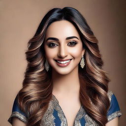 A detailed and realistic portrait of actress Kiara Advani. Show her clear and radiant complexion, lively eyes, and charming smile in the style of a high-quality photo.