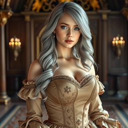 A busty, beautiful, elegant girl with very huge tender breasts, featuring long, soft layers of ash grey hair cascading down her shoulders