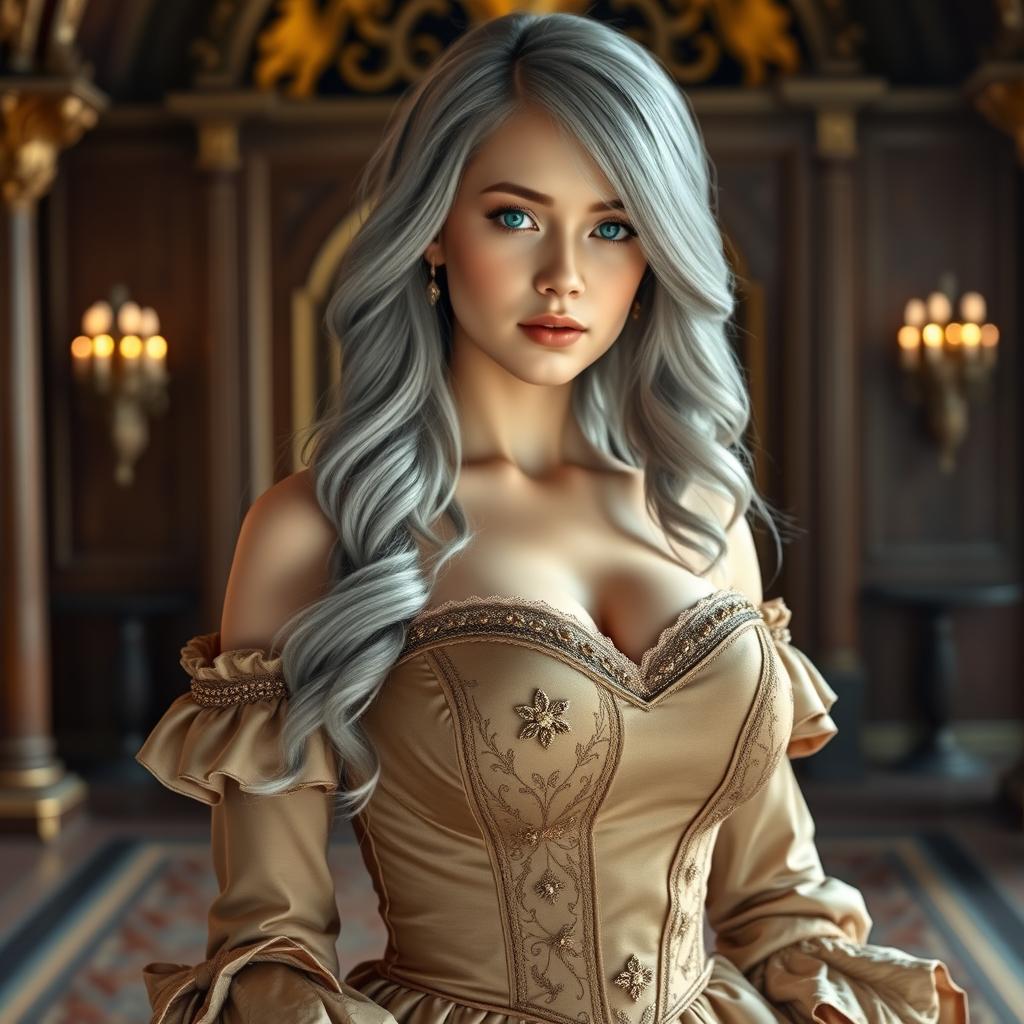 A busty, beautiful, elegant girl with very huge tender breasts, featuring long, soft layers of ash grey hair cascading down her shoulders