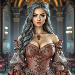 A busty, beautiful, elegant girl with very huge tender breasts, featuring long, soft layers of ash grey hair cascading down her shoulders
