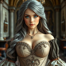 A busty, beautiful, elegant girl with very huge tender breasts, featuring long, soft layers of ash grey hair cascading down her shoulders